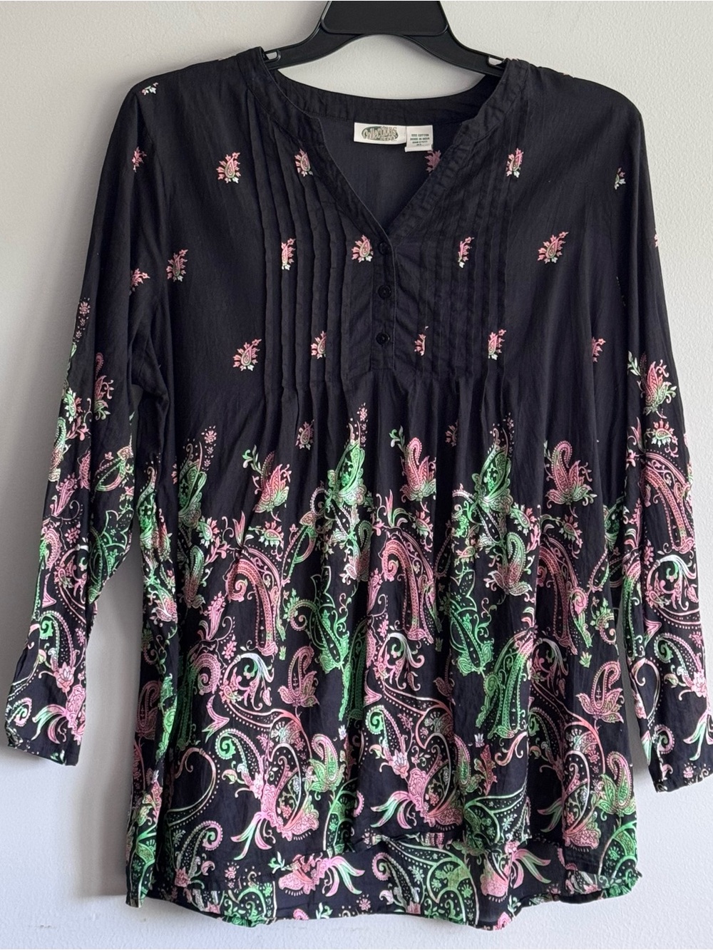 Collections Women’s Black Floral Paisley Pintuck Tunic Top XL